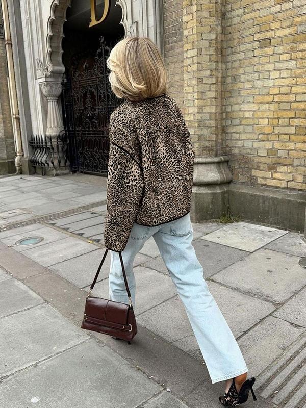 Women's All Over Leopard Print Jacket, Casual Fashion Long Sleeve Zip Up Bomber Jacket for Daily Outdoor Wear, Women Clothing for Fall & Winter