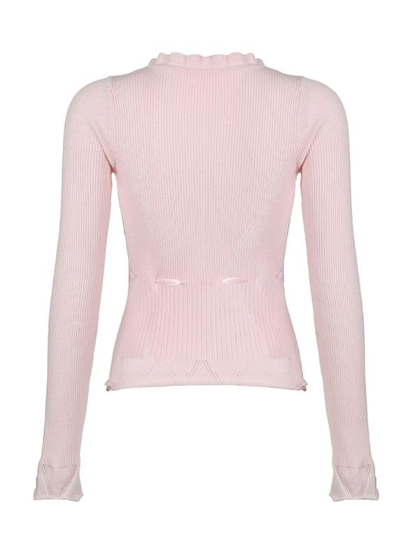 Women's Plain Contrast Lace Ruffle Trim Buttons Tie Front Basic Minimalist Sweater, Comfort Y2k Longsleeves Square Neck Knitwear, Cute Babydoll Tops, Womenswear Knitting Tops, Sweaters for Women, Fall Outfits 2024 Sets  for Christmas