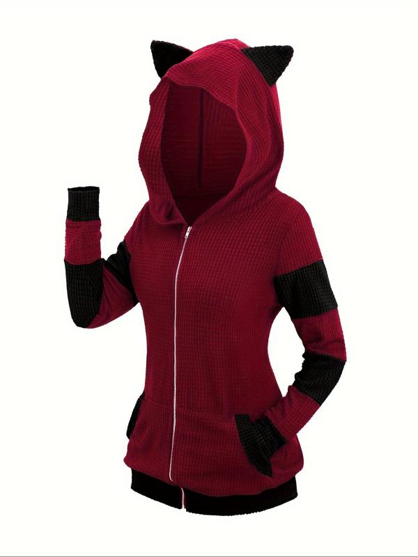  3D Ear Design Colorblock Zipper Hooded Coat, Casual Long Sleeve Pocket Outerwear Jackets for Spring & Fall, Winter Clothes Women, Women's Clothes for Daily Wear