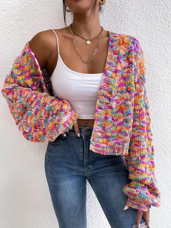 Women's All Over Print Drop Shoulder Knitting Crop Cardigan, Cute Comfort Long Sleeve Open Front Knitwear, Cardigan for Women, Lady Knit Clothing for Daily Wear, Womenswear, Fall Sweaters, Fall Clothes 2024
