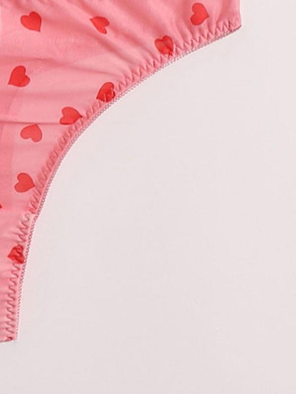 Women's 2pcs Heart Print Push Up Bra & Panty Tulle Set, Comfy Breathable Contrast Mesh Underwire Bra & Lingerie Panty, Women's Lingerie & Underwear