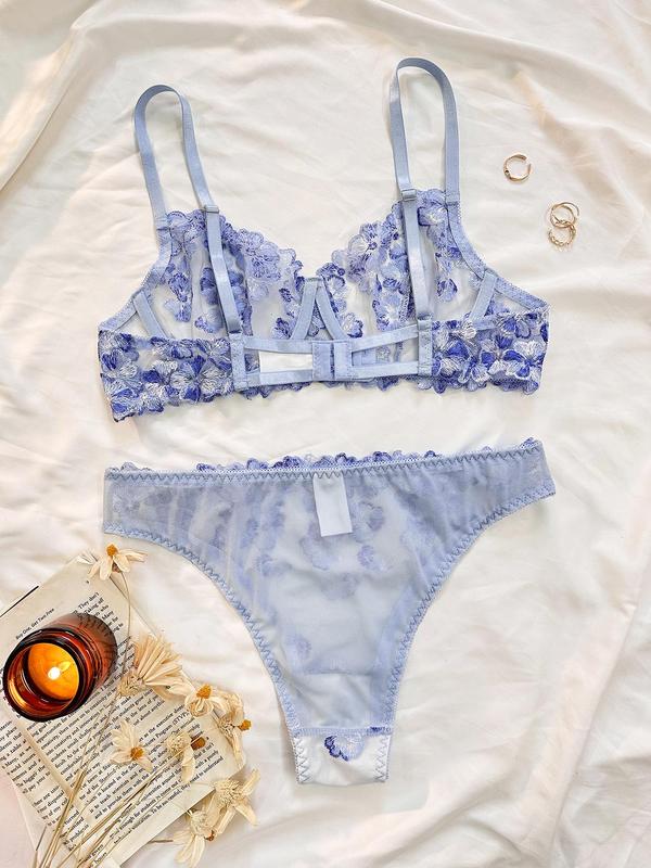 Women's Floral Embroidery Sheer Tulle Lingerie Set, Sexy Comfort Push Up Bra & Thong Panty for Daily Wear, Women's Sexy Lingerie Set
