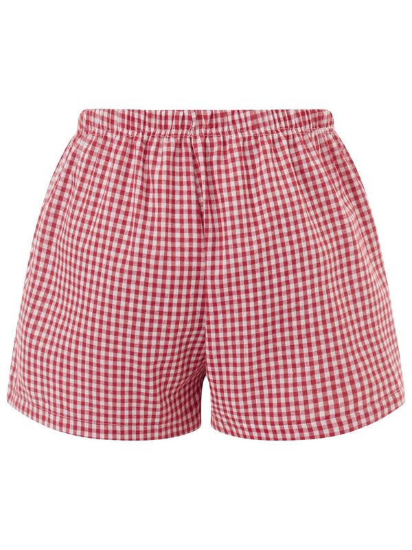 Women's Plaid Print Patched Decor Button Front Elastic Waist Shorts, Casual Comfy Straight Leg Shorts for Summer, Ladies Back To School Bottoms for Daily Wear, Shorts for Women, Downtown Girl Clothes  Preppy 80s Clothes