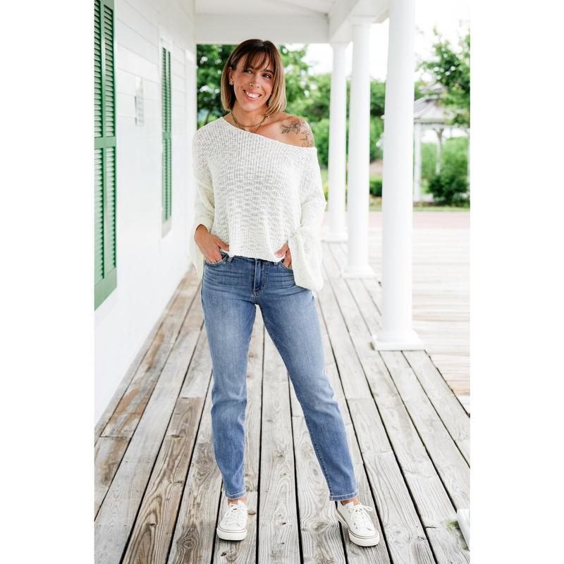 Judy Blue Get to Work Mid Rise Medium Wash Cuffed Slim Jeans