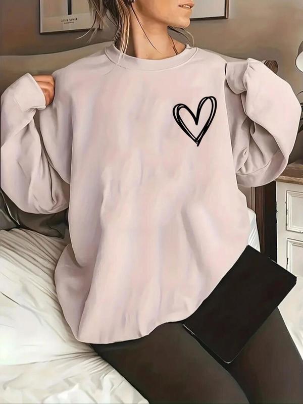  Heart Print Drop Shoulder Sweatshirt, Casual Long Sleeve Round Neck Pullover for Spring & Fall, Women's Plus Size Clothing for Daily Wear