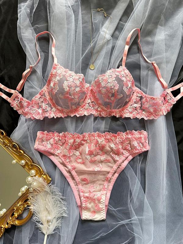 Women's Floral Embroidery Sheer Tulle Lingerie Set, Sexy Comfort Push Up Bra & Thong Panty for Daily Wear, Women's Sexy Lingerie Set