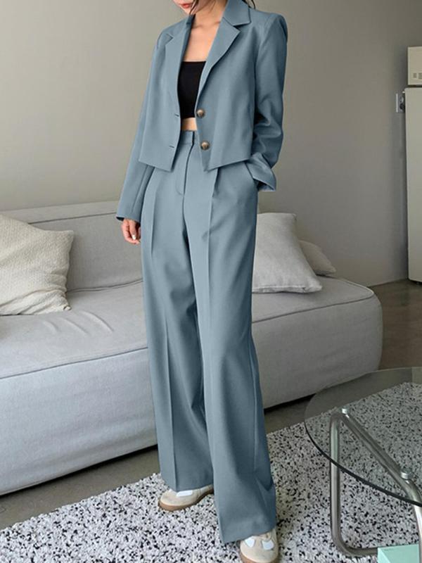 Two-Piece Set Women's Solid Button Front Blazer & Wide Leg Suit Pants, Elegant Lapel Long Sleeve Outerwear & Pocket Trousers for Work Office Business, Ladies Fall & Winter Suit Set