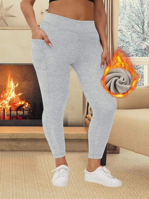  Solid High Waist Pocket Leggings, Casual Comfy Warm Skinny Pants for Women, Women's Bottoms for Fall & Winter