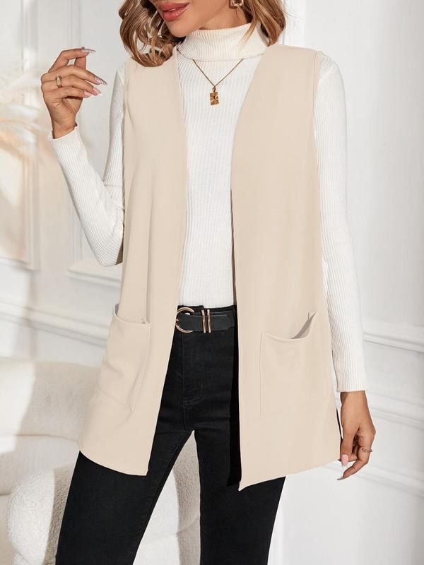 Women's Solid Pocket Open Front Vest Blazer, Casual Sleeveless Outerwear for Spring & Fall, Ladies Clothes for Work Office Business