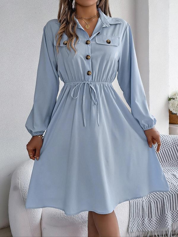Women's Plain Button Front Drawstring Knot Front Shirt Dress, Elegant Pocket Bishop Sleeve Collared A Line Dress for Spring & Fall, Ladies Clothes for Daily Wear, Fall Outfits, Earthtone Fallfreshness