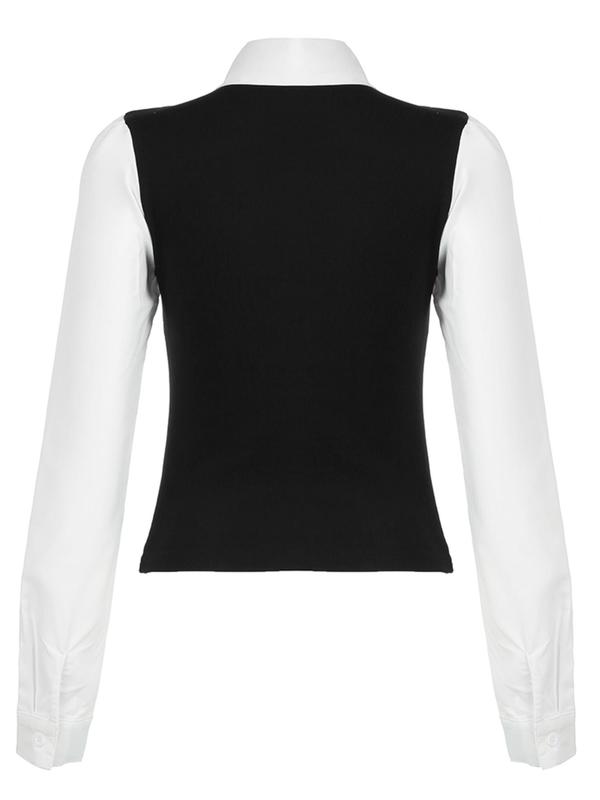 Women's 2 in 1 Letter Embroidery Button Front T-shirt, Preppy Style Long Sleeve Collar Top for Spring & Fall, Women's Clothes for Daily Wear