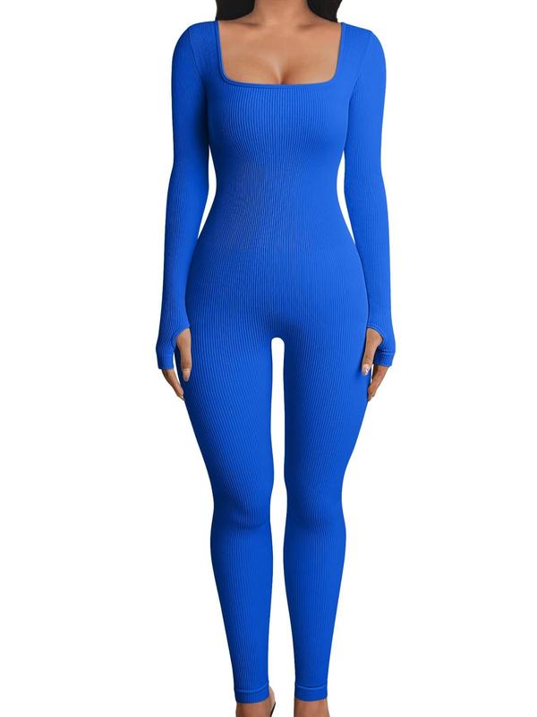 Women's Solid Long Sleeve Square Neck Sports Jumpsuit, Casual Comfy Breathable Jumpsuit for Yoga Gym Workout, Ladies Sportswear for All Seasons