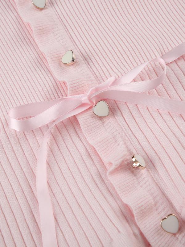Women's Plain Contrast Lace Ruffle Trim Buttons Tie Front Basic Minimalist Sweater, Comfort Y2k Longsleeves Square Neck Knitwear, Cute Babydoll Tops, Womenswear Knitting Tops, Sweaters for Women, Fall Outfits 2024 Sets  for Christmas