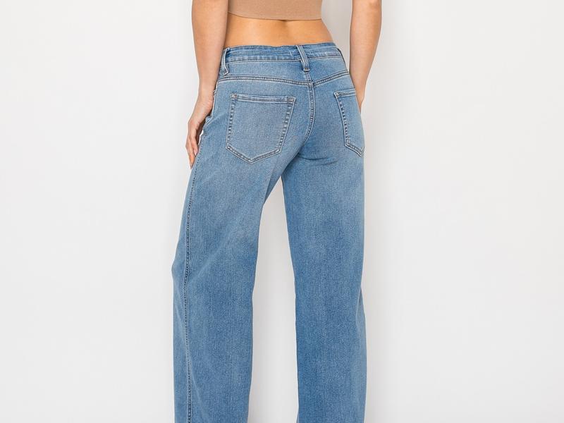 Free Junns Womenswear Wide Leg Jeans, Mid Rise, Medium Wash, Baggy Fit, Stretchy Denim, Hand Sanding, Whisker, Casual Chic (JEL2403-2A-MEDIUM)