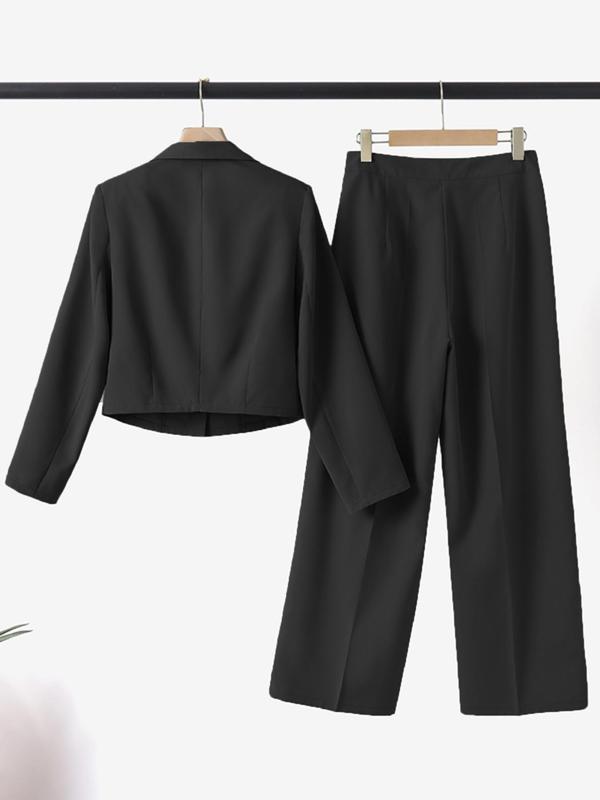 Two-Piece Set Women's Solid Button Front Blazer & Wide Leg Suit Pants, Elegant Lapel Long Sleeve Outerwear & Pocket Trousers for Work Office Business, Ladies Fall & Winter Suit Set