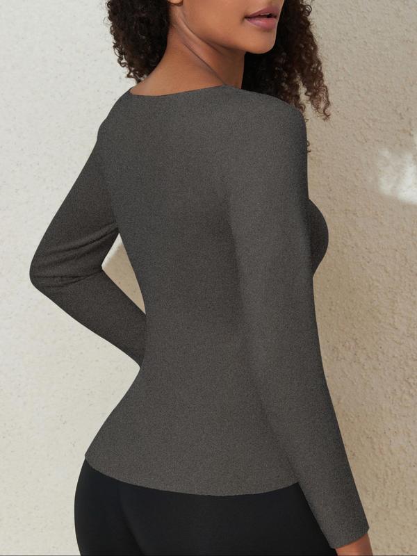 Women's Solid Long Sleeve Thermal Underwear Top, Casual Comfy Warm Sports Top for Fall & Winter, Ladies Sportswear for Daily Wear