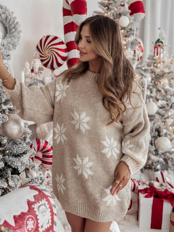 Women's Christmas Snowflake Print Drop Shoulder Sweater, Casual Long Sleeve Round Neck Jumper for Fall & Winter, Ladies' Knitwear for Daily Wear