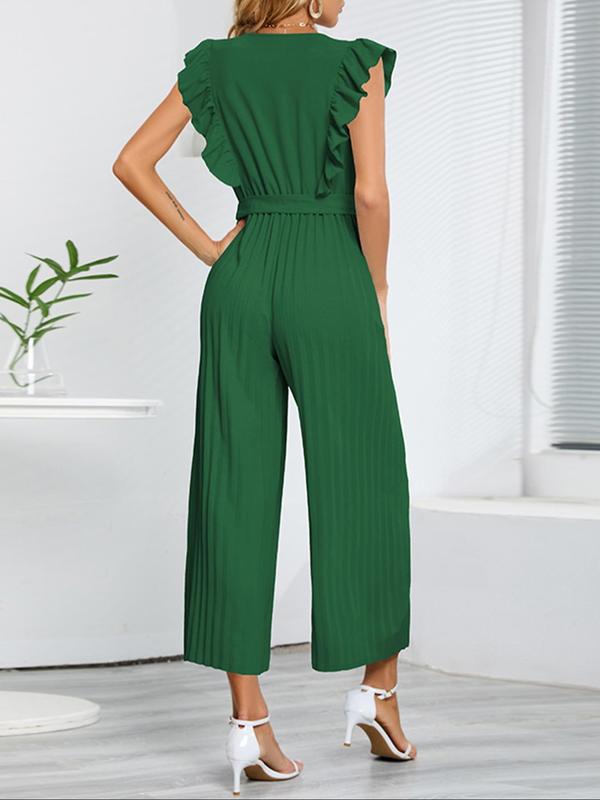 Women's Plain Ruffle Trim Pleated Belted Wide Leg Jumpsuit, Elegant V Neck Butterfly Sleeve Jumpsuit for Summer, Ladies Clothes for Daily Wear