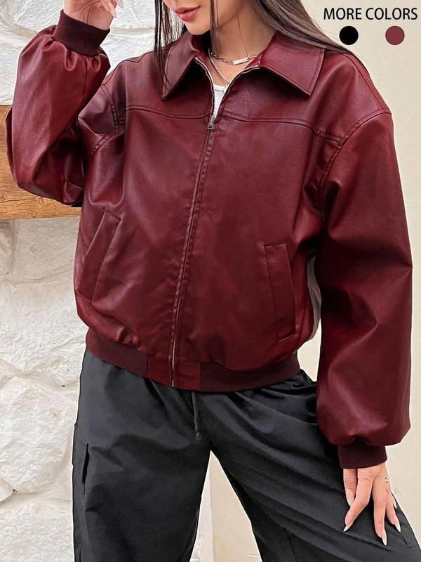 Women's Solid Color Pocket Zipper PU Leather Jacket, Street Fashion Tops, Long Sleeve Collared Outerwear for Daily Wear, Ladies Fall & Winter Clothes, Stockholm Style Black Girl