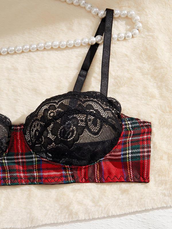 Women's Christmas Themed Plaid Print Sexy School Girl Costume Set, Preppy Style Contrast Lace Bra & Sheer Thong & Bow Back Pleated Skirt Set, Lingerie Set for Women