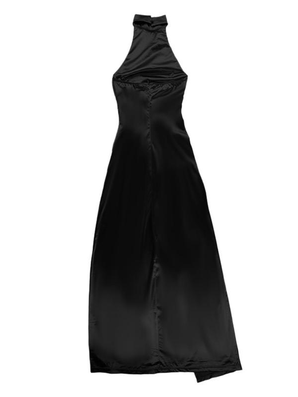 Women's Plain Ruched Wrap Split Thigh Satin Bridesmaid Dress, Elegant Sleeveless Halter Neck Evening Party Gown, Ladies Clothes for All Seasons, Fall Outfits, Fallfreshness