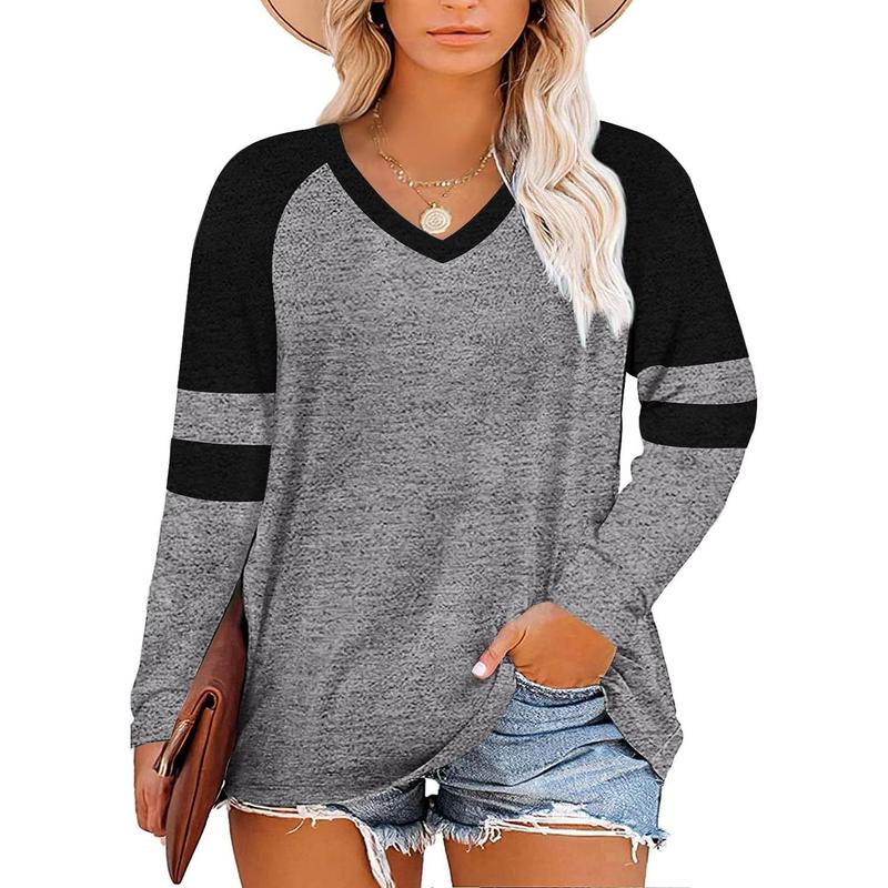 Beautife Women's Plus Size Tops Striped Long Sleeve V neck T Shirts Color Block Casual Tunics Tee Shirt
