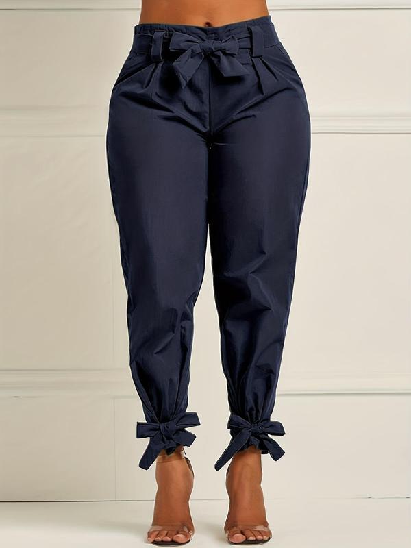 Women's Solid Color Belted Tie Front Carrot Pants, Casual Elastic Waist Trousers for Fall & Winter, Women's Bottoms for Daily Wear