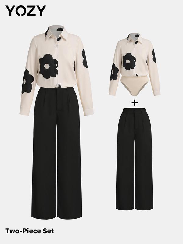 YOZY Women's Floral Print Button Front Bodysuit & Pocket Wide Leg Pants Two-piece Set, Long Sleeve Snap Closure Crotch Top & Zipper Trousers, Casual Two Piece Outfits for Daily Wear
