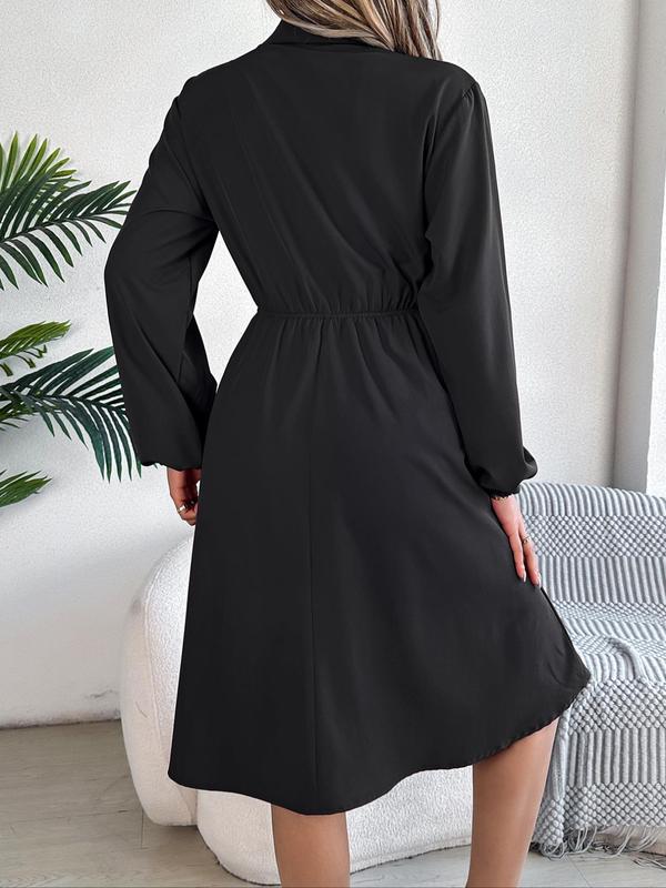 Women's Plain Button Front Drawstring Knot Front Shirt Dress, Elegant Pocket Bishop Sleeve Collared A Line Dress for Spring & Fall, Ladies Clothes for Daily Wear, Fall Outfits, Earthtone Fallfreshness