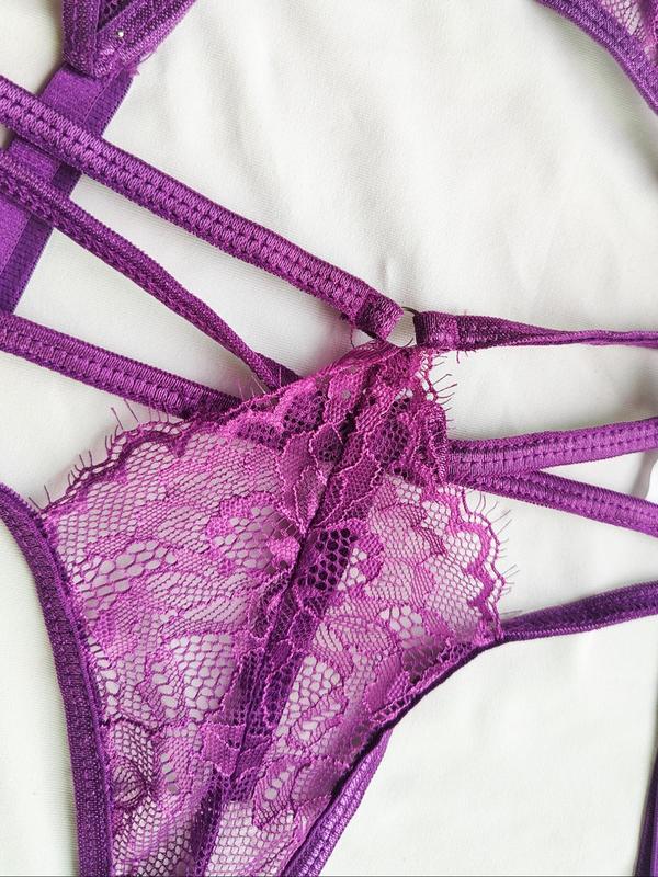 Women's Sexy Lace Bra & Thong Two-piece Set, Solid Color Cut Out Bra & Panty Set, Lingerie Set for Women