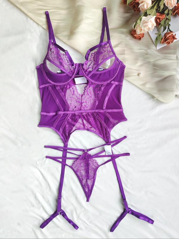 Women's Sexy Lace Bra & Thong Two-piece Set, Solid Color Cut Out Bra & Panty Set, Lingerie Set for Women