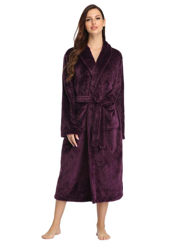 Women's Solid Pocket Belted Wrap Flannel Lounge Robe, Casual Long Sleeve Shawl Collar Dressing Gown, Women's Sleepwear for Winter, Robe for Women, Fall Wear, Fallfreshness