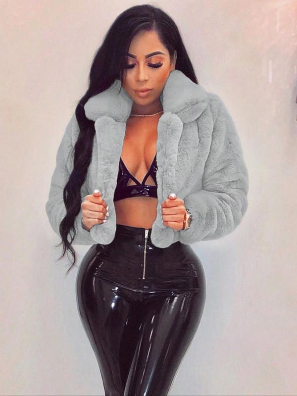 Women's Solid Color Open Front Faux Fur Jacket, Casual Long Sleeve Collared Fuzzy Outerwear for Fall & Winter, Women's Clothing for Daily Wear