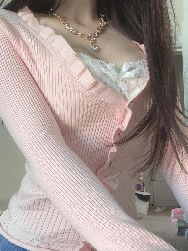Women's Plain Contrast Lace Ruffle Trim Buttons Tie Front Basic Minimalist Sweater, Comfort Y2k Longsleeves Square Neck Knitwear, Cute Babydoll Tops, Womenswear Knitting Tops, Sweaters for Women, Fall Outfits 2024 Sets  for Christmas