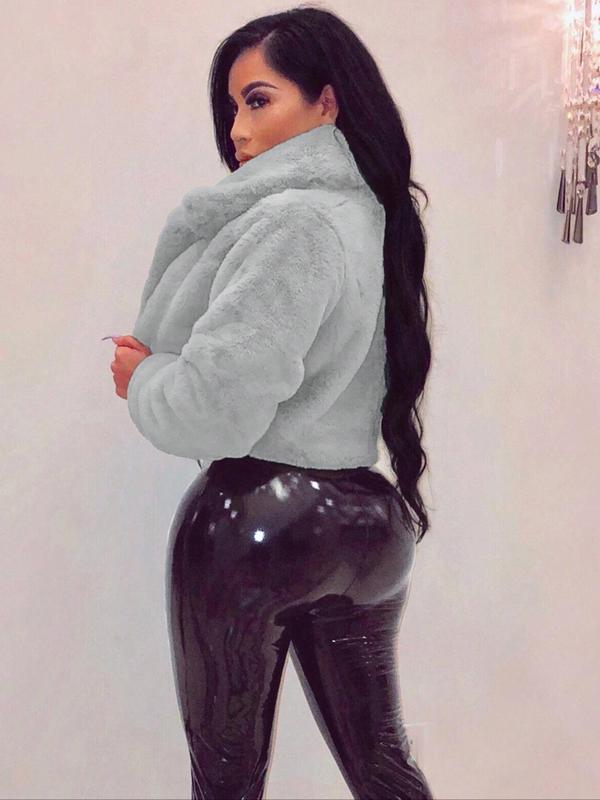Women's Solid Color Open Front Faux Fur Jacket, Casual Long Sleeve Collared Fuzzy Outerwear for Fall & Winter, Women's Clothing for Daily Wear