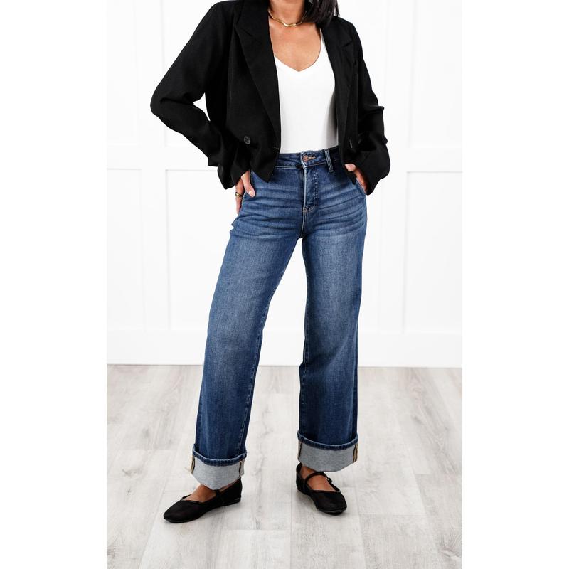 Risen High Rise Dark Wash Tummy Control Wide Leg Cuffed Ankle Jeans