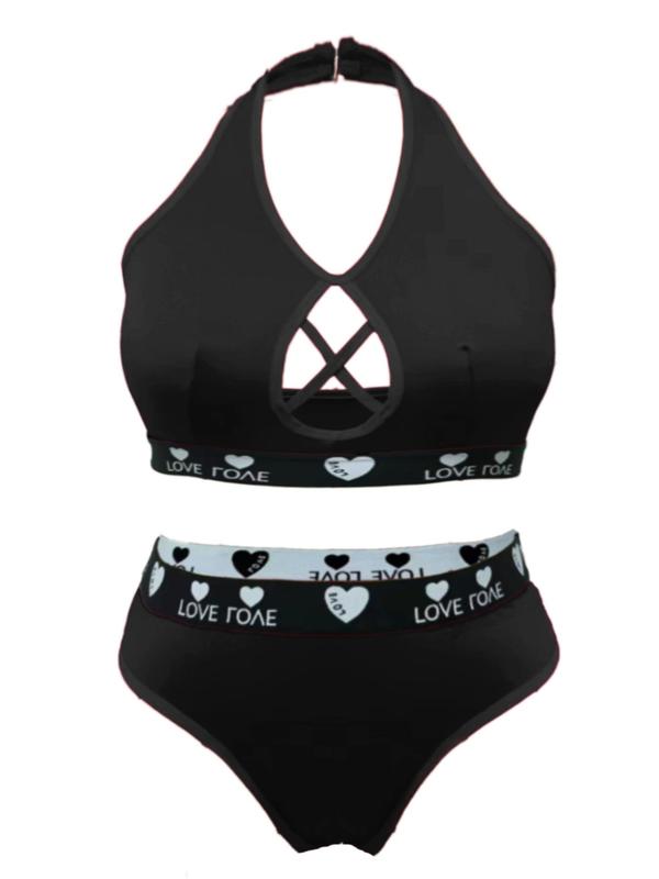  Heart Print Criss Cross Backless Halter Bra & High Waist Panty Two-Piece Set, Casual Comfy Breathable Lingerie Set for Daily Wear, Women's Plus Size Lingerie Set for All Seasons