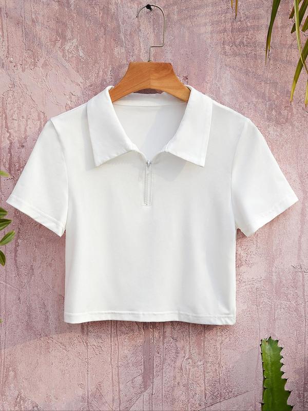 Women's Solid Half Placket Zipper Polo Shirt, Casual Short Sleeve Collared Top for Fall & Winter, Women's Clothing for Daily Wear