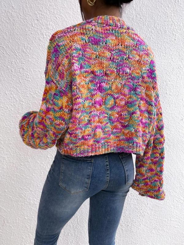 Women's All Over Print Drop Shoulder Knitting Crop Cardigan, Cute Comfort Long Sleeve Open Front Knitwear, Cardigan for Women, Lady Knit Clothing for Daily Wear, Womenswear, Fall Sweaters, Fall Clothes 2024