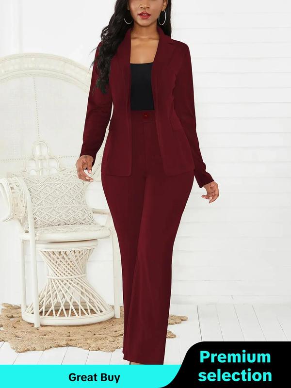 Two-piece Set Women's Plain Button Lapel Neck Blazer & Suit Pants, Fall Oufits 2024, Elegant Business Casual Flap Detail Long Sleeve Outerwear & Trousers for Daily Outdoor Wear, Women's Clothing for All Seasons