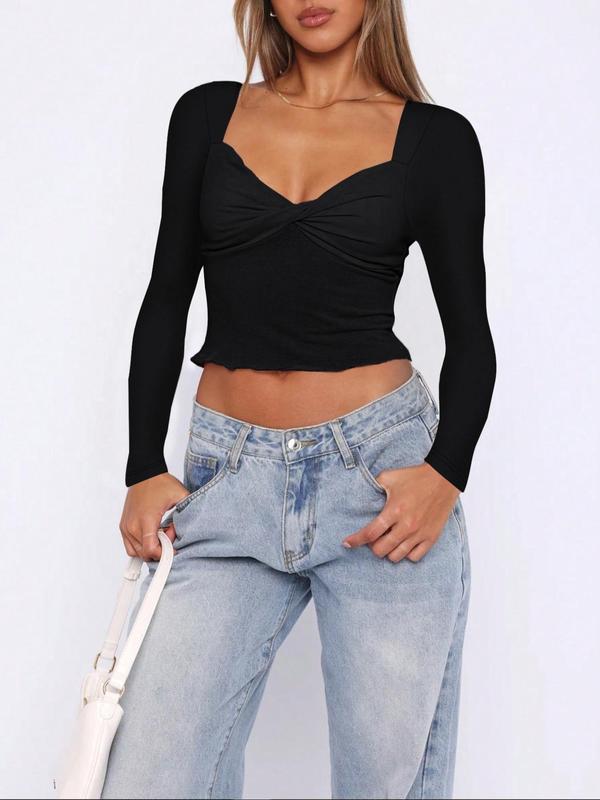Women's Plain Twist Front Lettuce Trim Crop Tee, Casual Long Sleeve Sweetheart Neck T-Shirt for Women for Daily Wear, Ladies Clothes for All Seasons, Downtown Girl Clothes