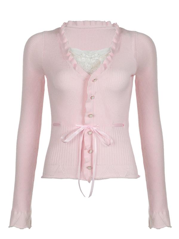Women's Plain Contrast Lace Ruffle Trim Buttons Tie Front Basic Minimalist Sweater, Comfort Y2k Longsleeves Square Neck Knitwear, Cute Babydoll Tops, Womenswear Knitting Tops, Sweaters for Women, Fall Outfits 2024 Sets  for Christmas