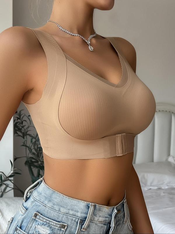 Women's Solid Color Buckle Front Contrast Mesh Wireless Bra, Comfortable Breathable Lingerie for Daily Wear, Women's Lingerie for All Seasons