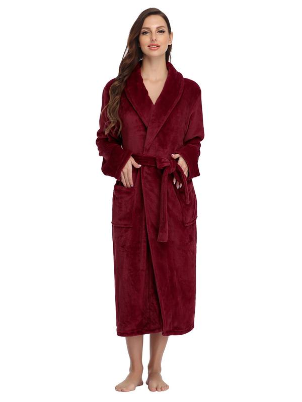 Women's Solid Pocket Belted Wrap Flannel Lounge Robe, Casual Long Sleeve Shawl Collar Dressing Gown, Women's Sleepwear for Winter, Robe for Women, Fall Wear, Fallfreshness