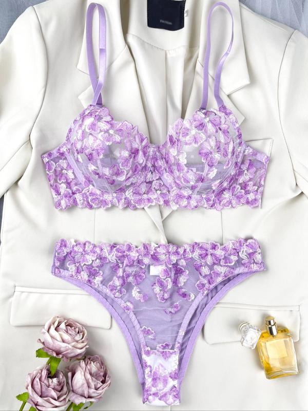 Women's Floral Embroidery Sheer Tulle Lingerie Set, Sexy Comfort Push Up Bra & Thong Panty for Daily Wear, Women's Sexy Lingerie Set