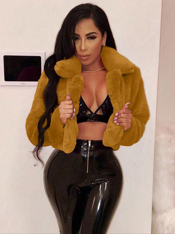 Women's Solid Color Open Front Faux Fur Jacket, Casual Long Sleeve Collared Fuzzy Outerwear for Fall & Winter, Women's Clothing for Daily Wear