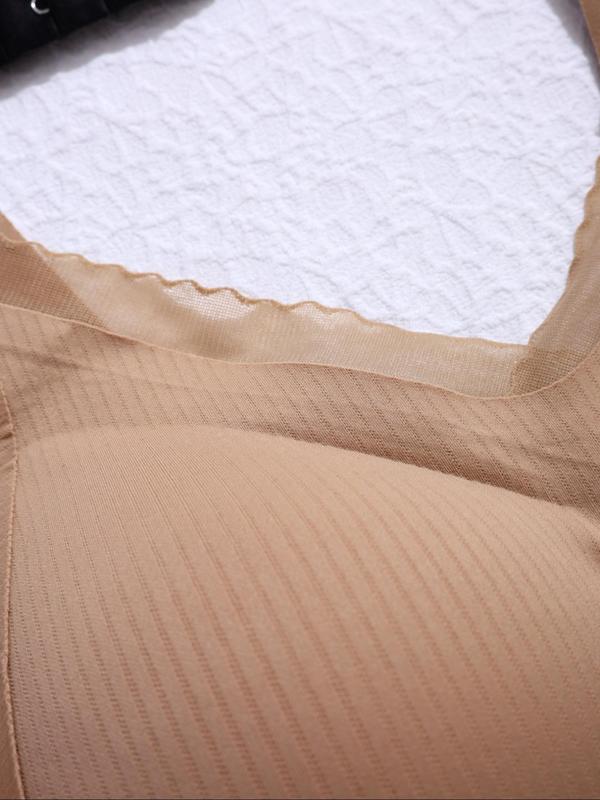 Women's Solid Color Buckle Front Contrast Mesh Wireless Bra, Comfortable Breathable Lingerie for Daily Wear, Women's Lingerie for All Seasons