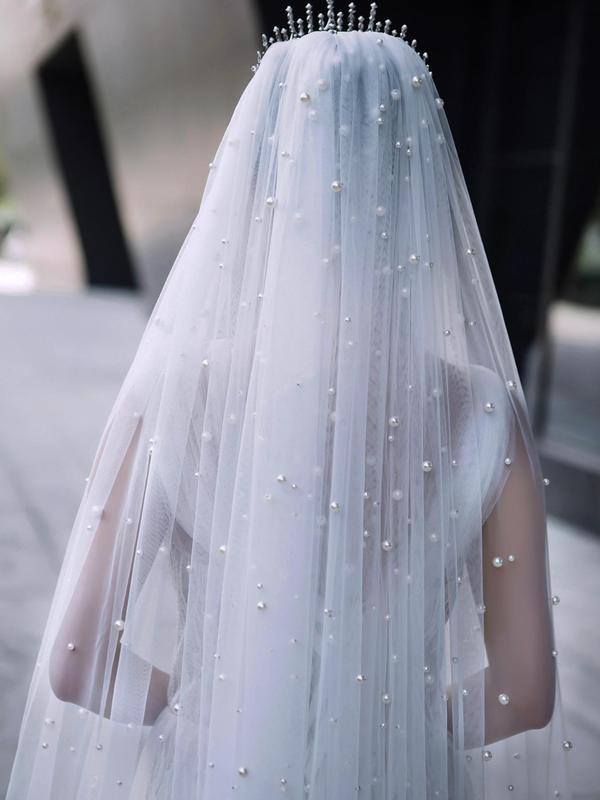 Faux Pearl Decorated Bridal Veil, Elegant Exquisite Bridal Veil for Wedding Party, Wedding Bridal Accessories for Women