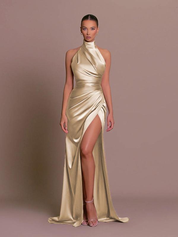 Women's Plain Ruched Wrap Split Thigh Satin Bridesmaid Dress, Elegant Sleeveless Halter Neck Evening Party Gown, Ladies Clothes for All Seasons, Fall Outfits, Fallfreshness