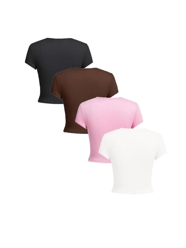 Women's Solid Round Neck Crop Tee, Casual Short Sleeve Crew Neck T-shirt for Daily Wear, Summer Outfits 2024, Back To School Clothes, Ladies Clothes, Going out Tops 2000s